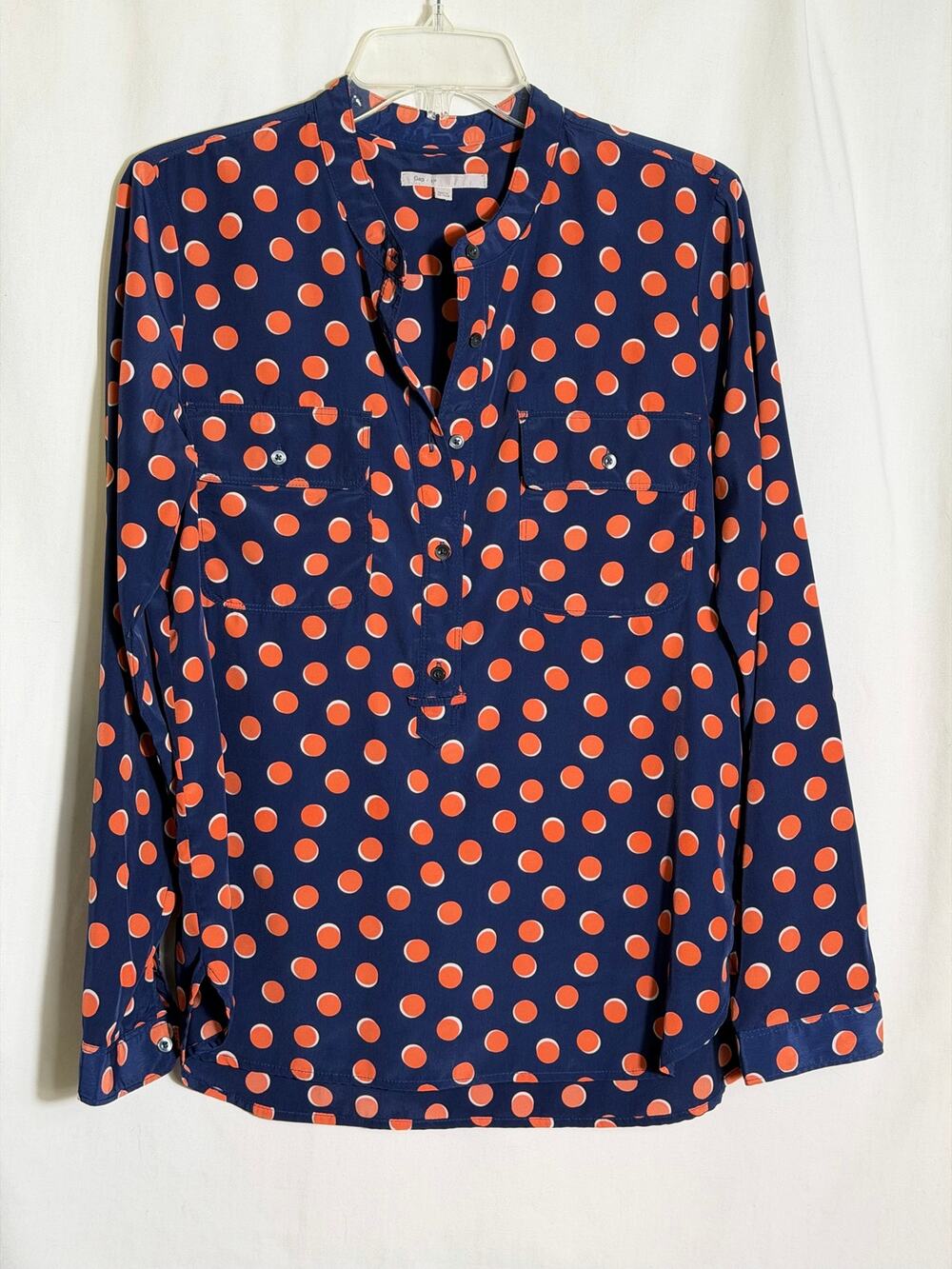 Gap Navy Orange Polka Dot Popover Blouse Small Long Sleeve Button Front Shirt